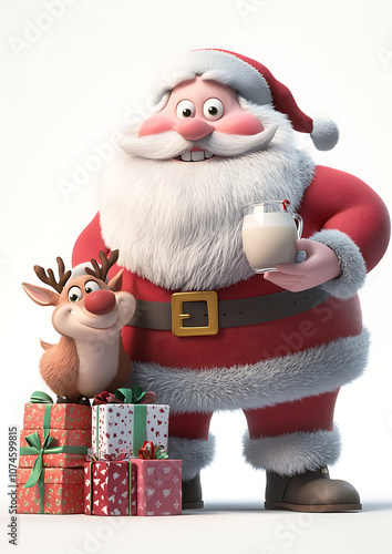 A cheerful Santa Claus with a dopey expression shares eggnog with a fluffy, smiling reindeer. photo