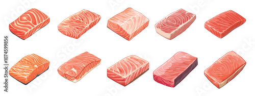 Slice of fresh raw red fish for suchi set. Pieces of tuna salmon hamachi flounder snapper. Menu healthy sea food poster app banner design element. Cartoon style isolated vector clipart collection