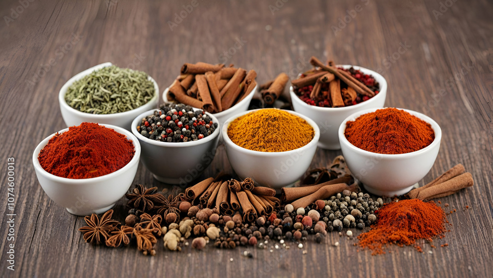 Different seasonings in cups. Espresso coffee cup on vintage table and assortment of grinned and roasted coffee beans Spice background, Different seasonings in cups. Espresso coffee cup on vintage table and assortment of grinned and roasted coffee beans Spice background,