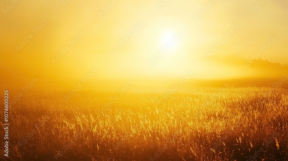 Golden sunrise over misty field with illuminated grasses Golden sunrise over misty field with illuminated grasses