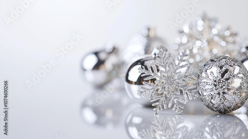 Shiny silver Christmas ornaments and snowflakes on reflective surface create festive atmosphere. Perfect for holiday decorations and seasonal celebrations