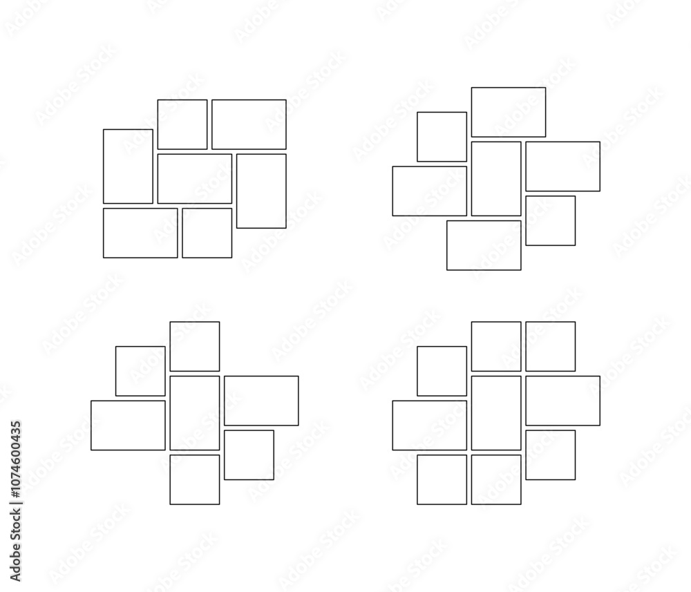Frame collage from square and rectangle shape for photo, image template line set. Mood board layout, background. Gallery grid, mosaic puzzle border. Vector outline illustration Frame collage from square and rectangle shape for photo, image template line set. Mood board layout, background. Gallery grid, mosaic puzzle border. Vector outline illustration