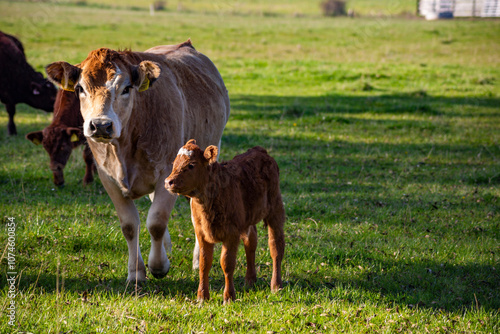 Obraz na płótnie Cow and calf in a pasture. w salonie