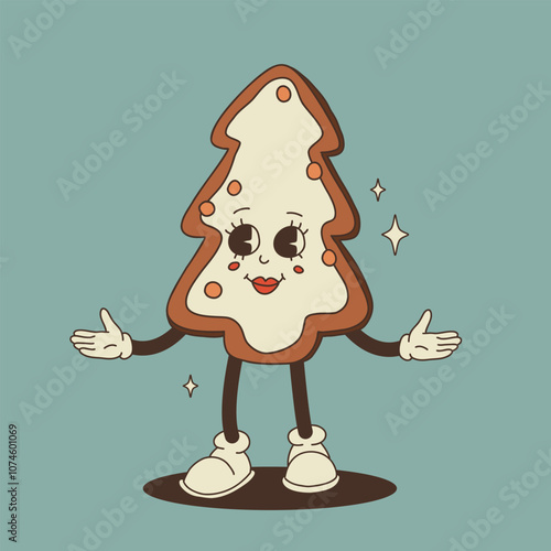 Christmas groovy foods and drinks design with coffee, hot cocoa, cookie, gingerbread, present, christmas tree in trendy retro cartoon style. Mascot Character in old 50s, 60s, 70s Vintage Style
