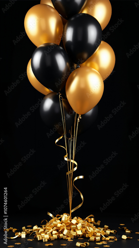 Elegant Black and Gold Balloon Arrangement with Confetti: Perfect for Luxury Events, New Year's Celebrations, or Upscale Party Invitations Elegant Black and Gold Balloon Arrangement with Confetti: Perfect for Luxury Events, New Year's Celebrations, or Upscale Party Invitations