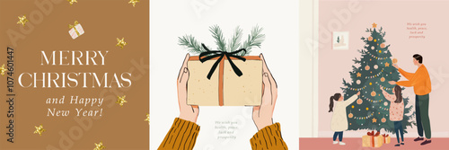 Merry Christmas and Happy New Year! 2025. Vector cute illustration of family, father and children decorating Christmas tree, hands holding gift for greeting card, poster or postcard