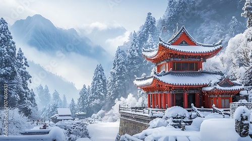 Wallpaper Mural A Red Pagoda Surrounded by Snow-Covered Trees and Mountains Torontodigital.ca