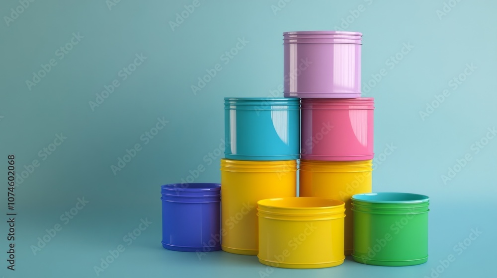 A stack of colorful plastic containers, each one a different color A stack of colorful plastic containers, each one a different color