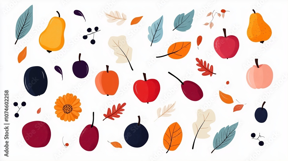 Colorful autumn fruits and leaves arranged on a white background showcasing seasonal harvest and nature's beauty Colorful autumn fruits and leaves arranged on a white background showcasing seasonal harvest and nature's beauty
