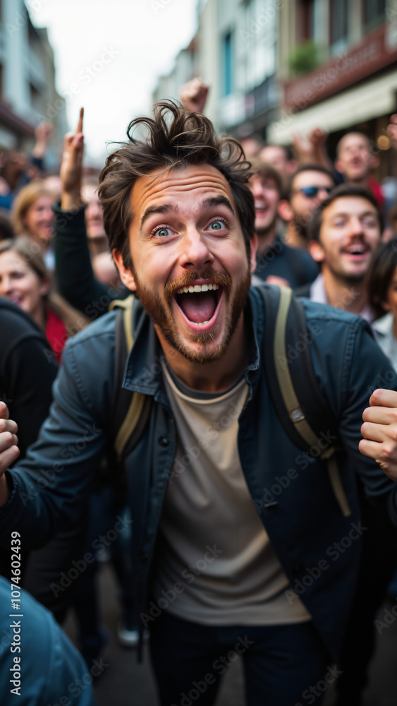 Ecstatic Man in Crowd: Capturing Spontaneous Joy at Public Event for Marketing or Editorial Use Ecstatic Man in Crowd: Capturing Spontaneous Joy at Public Event for Marketing or Editorial Use