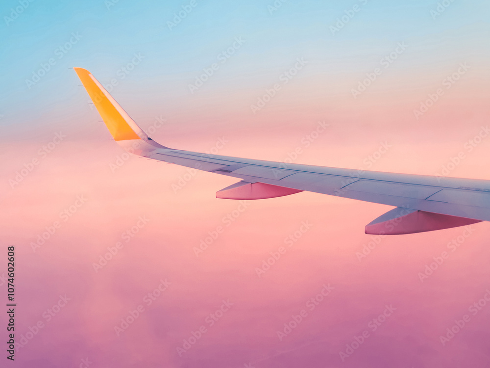 Surreal purple view from an airplane window, fantastic dream vacation flight, concept Surreal purple view from an airplane window, fantastic dream vacation flight, concept
