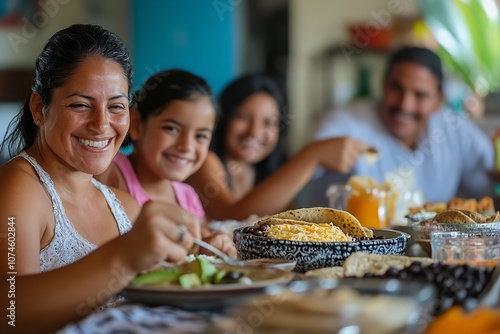 A diverse family sharing a Venezuelan arepas meal with fillings like black beans, cheese, and avocado, gathered around the kitchen table in celebration of Hispanic Heritage Month. photo