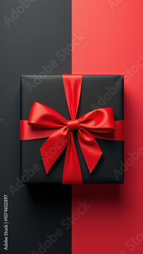 Elegant Black Gift Box with Red Ribbon: Perfect for Luxury Brand Promotions or Holiday Marketing Campaigns