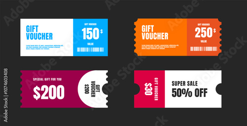 Set of discount coupon, gift voucher, ticket card. Coupon card design template with discount percent. Vector illustration