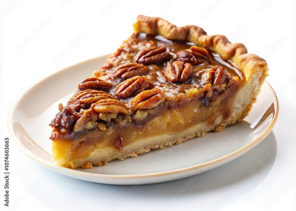 Decadent Pecan Pie with Caramelized Topping on White Background - Perfect for Food Photography, Dessert Lovers, and Culinary Art Decadent Pecan Pie with Caramelized Topping on White Background - Perfect for Food Photography, Dessert Lovers, and Culinary Art