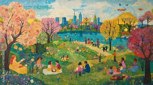 People enjoying a picnic in the park on the background of the city. photo