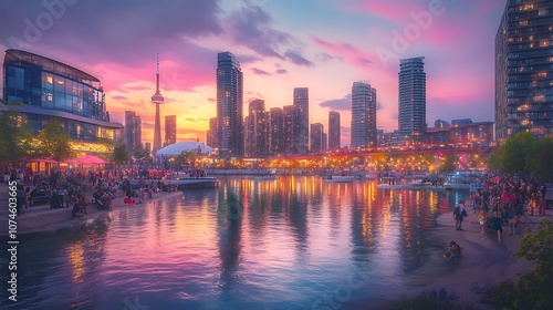 Vibrant Sunset City Skyline Reflection, Colorful Lights, Water's Edge. photo