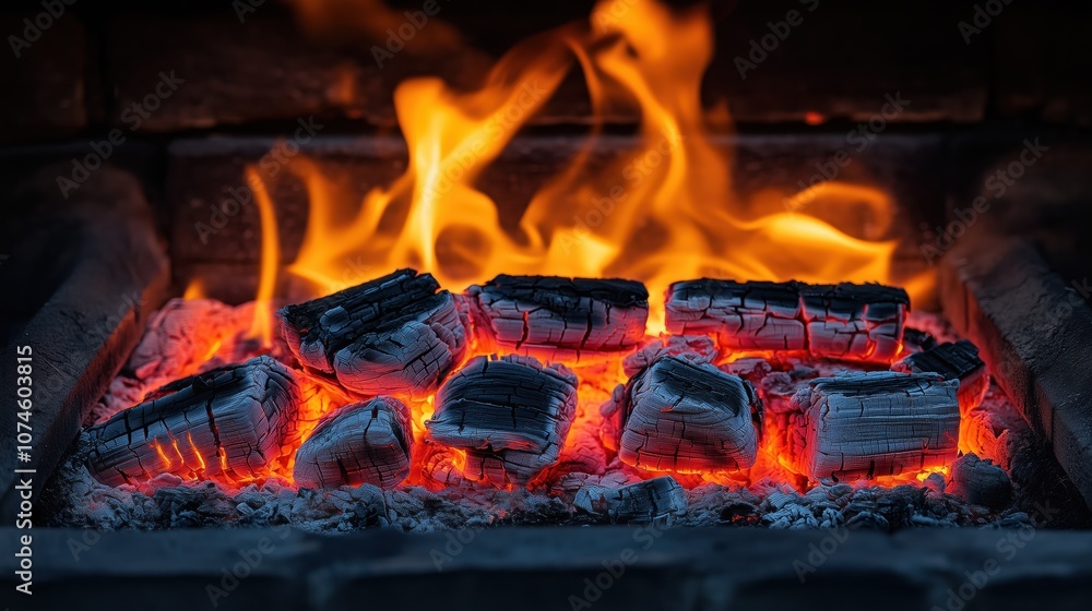Glowing embers and flames in a fireplace Glowing embers and flames in a fireplace