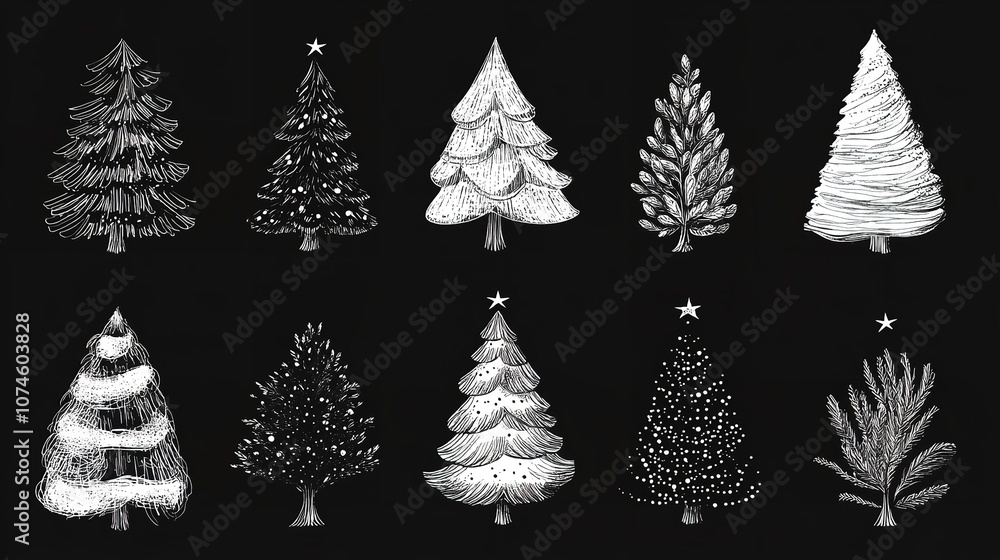 Fototapeta premium Collection of Hand-Drawn Line Art Christmas Trees: Doodle Style Vector Illustrations on Black