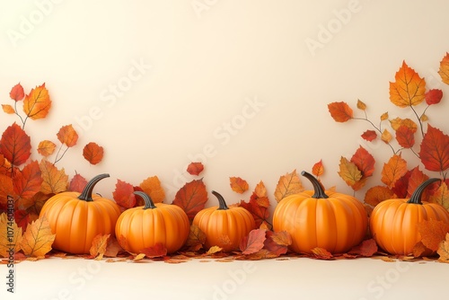 Row of pumpkins with fallen leaves on beige background photo