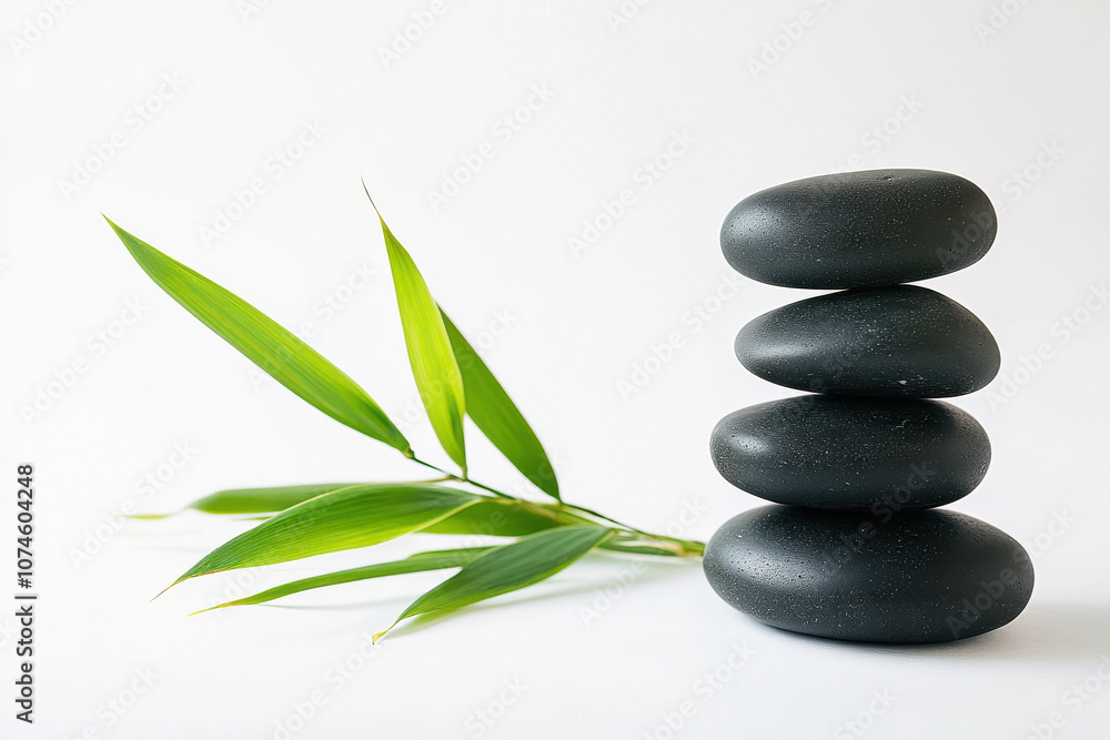 a stack of black rocks and bamboo leaves on a white background a stack of black rocks and bamboo leaves on a white background
