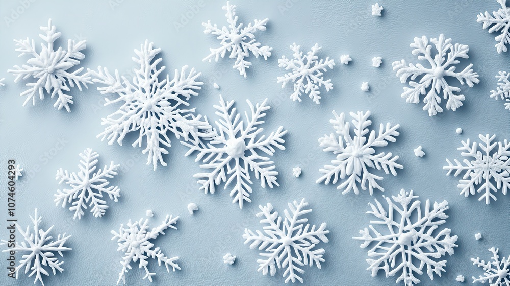 Delicate snowflakes on soft blue background - winter's intricate beauty Delicate snowflakes on soft blue background - winter's intricate beauty