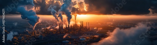 Aerial view of a sprawling refinery complex under dramatic clouds, showcasing industrial scale and nature's beauty.