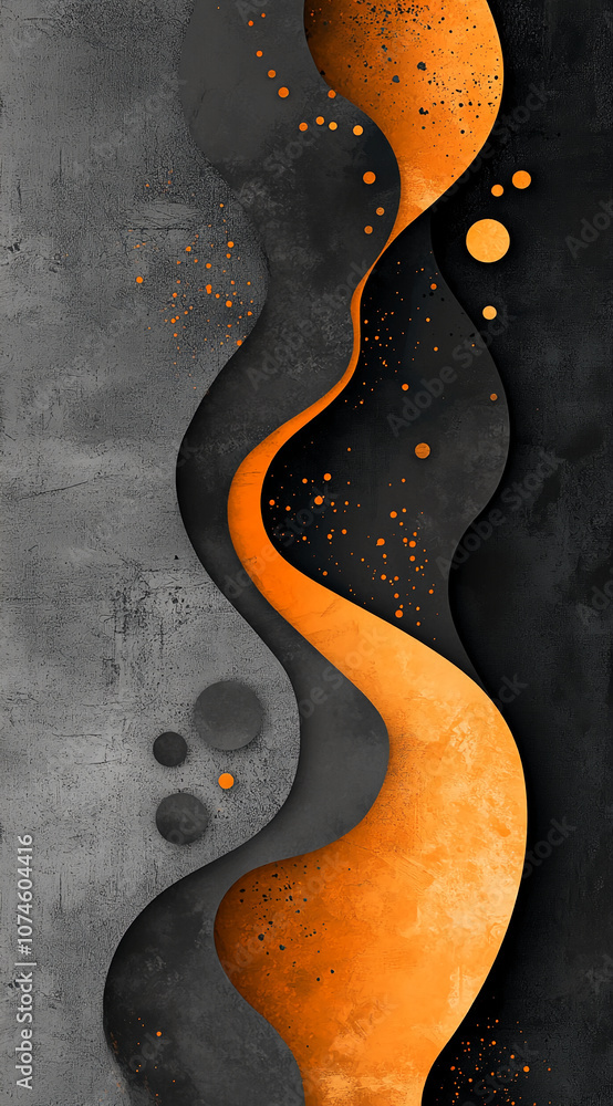 Abstract artwork with a wavy orange and black design on a gray background Abstract artwork with a wavy orange and black design on a gray background