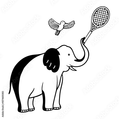 Elephant Playing Tennis: A whimsical illustration of an elephant playfully holding a tennis racket, with a bird in flight nearby.  A charming and quirky image perfect for children's books.