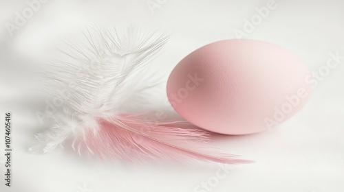 Soft pink egg and feather on white backdrop for minimalist design