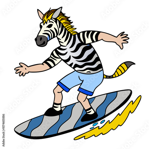 Zebra Surfer Dude: A fun illustration of a man with a zebra head surfing on a wave.  The vibrant colors and dynamic pose create a playful and energetic feel. 