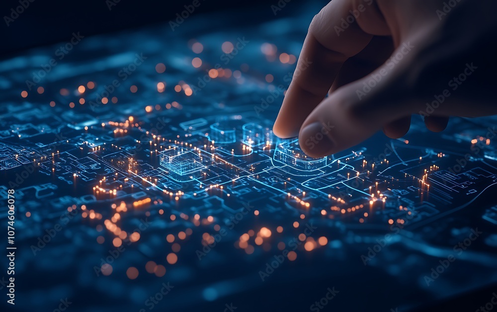 A hand interacts with a glowing digital map, showcasing intricate data patterns and network nodes illuminated in blue and orange hues. A hand interacts with a glowing digital map, showcasing intricate data patterns and network nodes illuminated in blue and orange hues.
