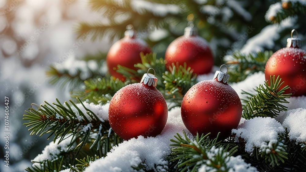 Christmas and new year holidays concept. Red balls on fir branches, winter snowy backdrop. festive winter season background. template for design. banner, copy space Christmas and new year holidays concept. Red balls on fir branches, winter snowy backdrop. festive winter season background. template for design. banner, copy space