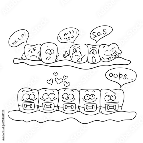 Vector illustration teeth with braces before and after happy joke hand drawn doodle style.