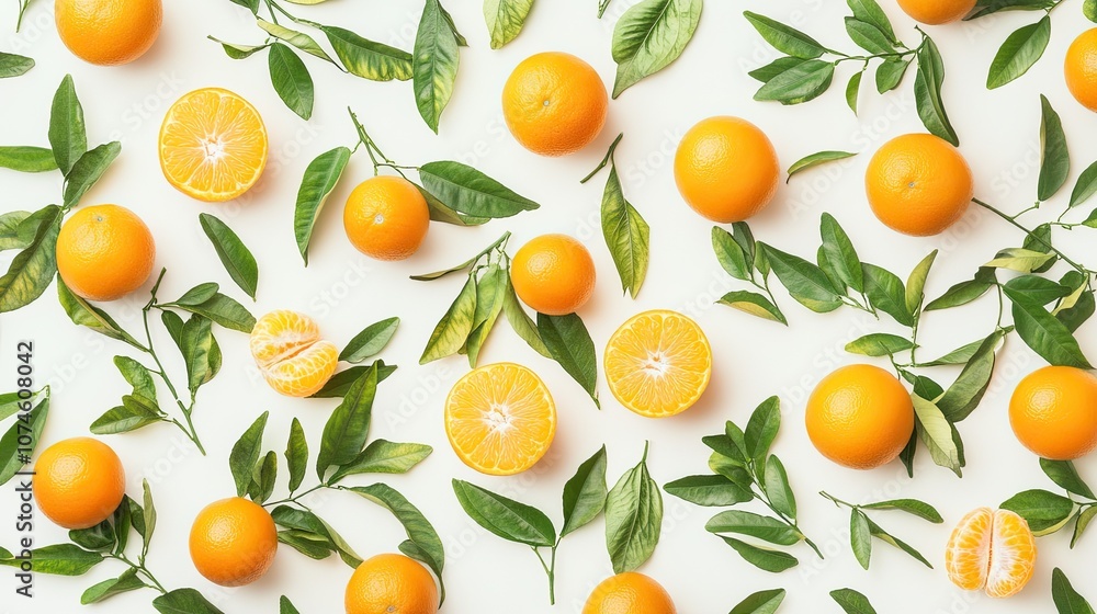 Fresh citrus burst with oranges and green leaves on light background Fresh citrus burst with oranges and green leaves on light background