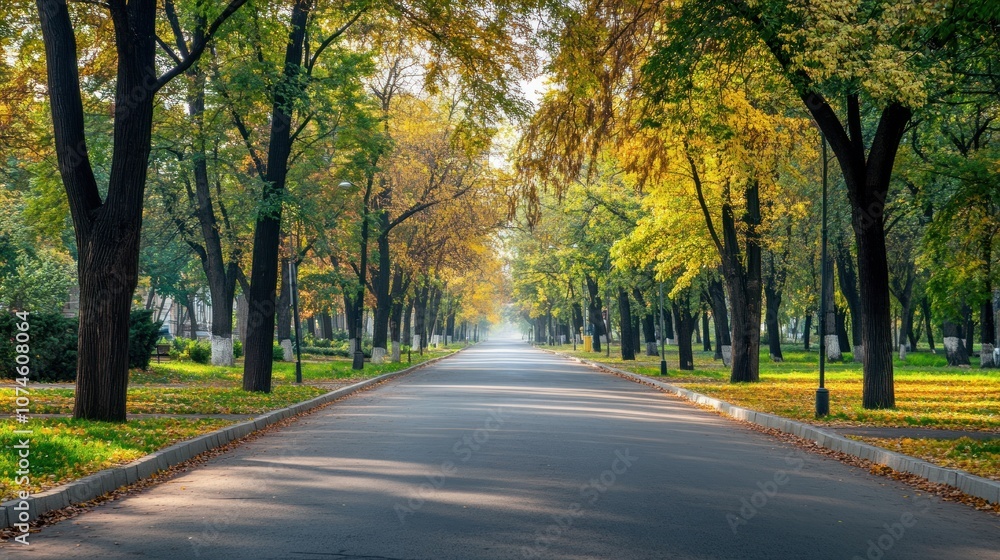 Autumnal Road, A Pathway through Golden Leaves Autumnal Road, A Pathway through Golden Leaves