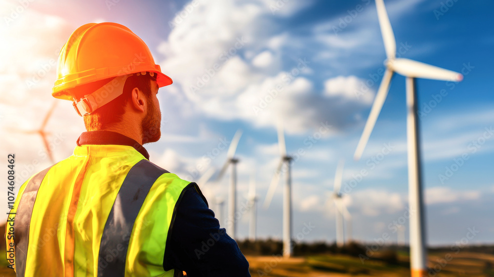 technician in safety vest and helmet observes offshore wind turbines, showcasing renewable energy. scene captures sense of innovation and environmental responsibility technician in safety vest and helmet observes offshore wind turbines, showcasing renewable energy. scene captures sense of innovation and environmental responsibility