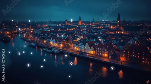 Aerial shot of the Copenhagen skyline at night, with white pins marking buildings and shops, designed to be arranged into a map for digital marketing, featuring floating location pin icons.