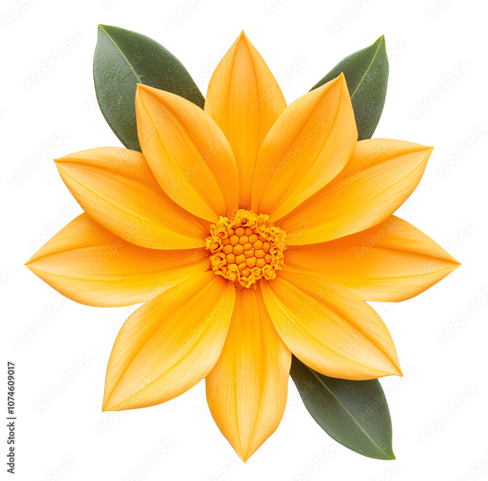 Obraz premium A vibrant yellow flower with delicate petals and green leaves. Perfect for floral designs.