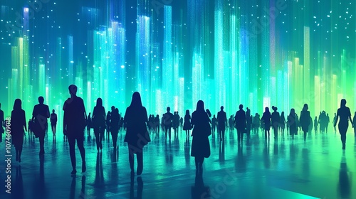 A banner displaying silhouettes of numerous people, set against a gradient background of blue, green, and teal hues.