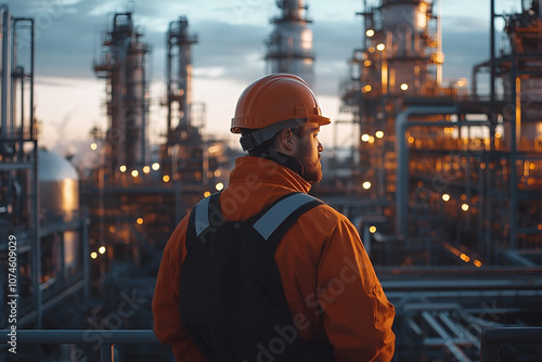 The chief engineer diligently inspects the state of the industrial facility at sunset