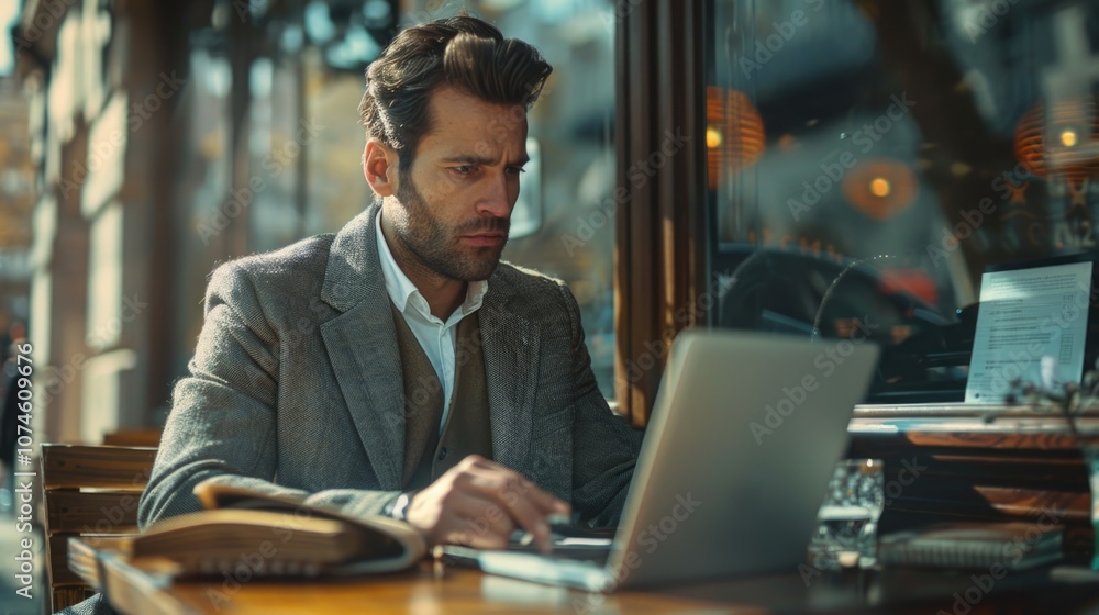 Professional Man Working on Laptop in Cafe Environment Professional Man Working on Laptop in Cafe Environment