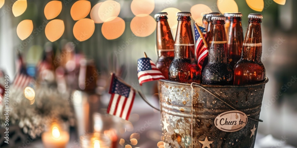 Patriotic Celebration with American Flag and Beer Bottles at Festive Gathering