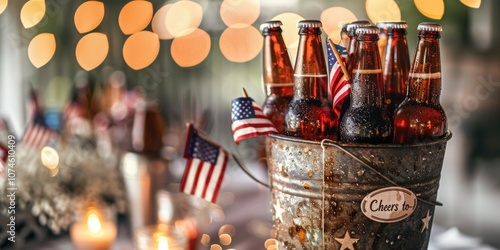 Obraz na płótnie Patriotic Celebration with American Flag and Beer Bottles at Festive Gathering w salonie