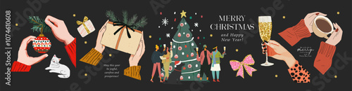 Merry Christmas and Happy New Year! 2025. Vector modern illustration of stylish people with glasses of champagne near Christmas tree hand with glass of wine, hands with christmas ball and coffee 