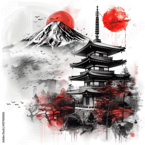 Majestic Mount Fuji with Traditional Pagoda and Cherry Blossoms in Red Ink Style