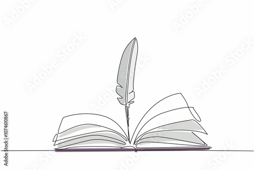Single one line drawing quill in the middle of open book. Classical era writing instruments. Recording knowledge. Vintage. International Day of Education. Continuous line design graphic illustration