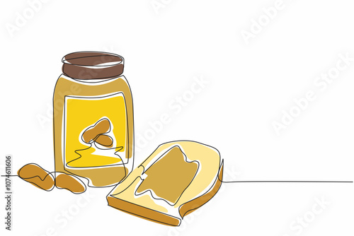 Single continuous line drawing jar of peanut butter and bread smeared with it. Scattered nut. Combination of deliciousness at breakfast. National Peanut Butter Day. One line design vector illustration