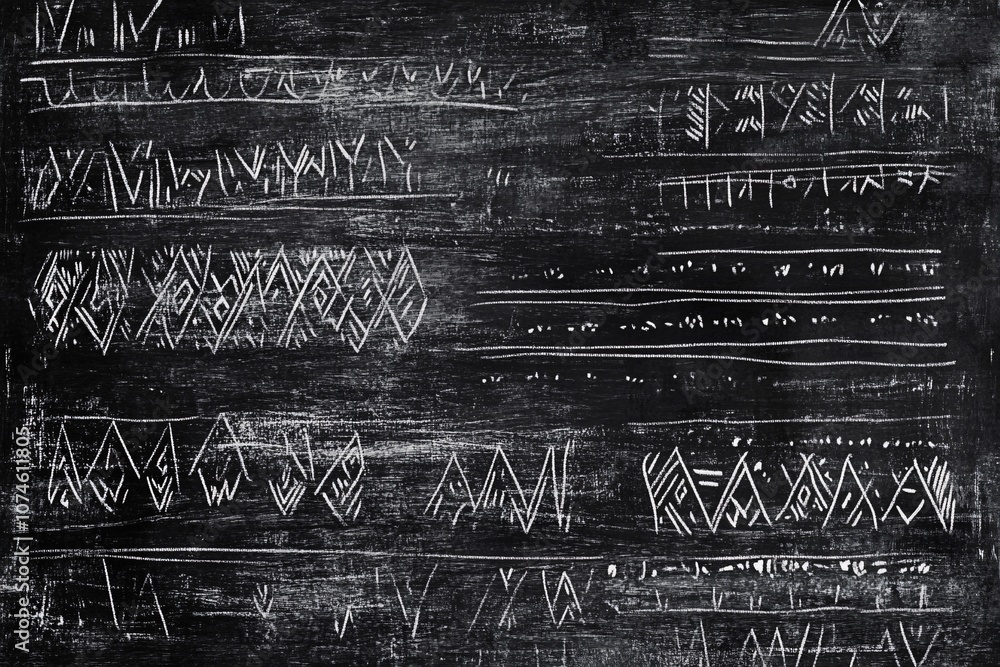 Fototapeta premium Ancient Tribal Symbols on Black Background: Abstract Geometric Patterns in White
