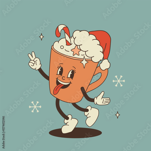 Christmas groovy foods and drinks design with coffee, hot cocoa, cookie, gingerbread, present, christmas tree in trendy retro cartoon style. Mascot Character in old 50s, 60s, 70s Vintage Style